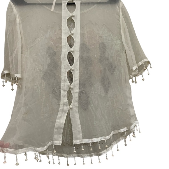 Free People talk that talk Sheer Sequin Blouse in Cream beaded seashell fringe L - Picture 6 of 9